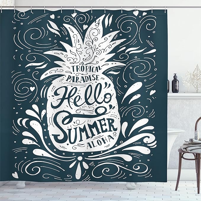Ambesonne Summer Shower Curtain, Print Hello Summer Aloha with a Pineapple Summertime Tropic Exotic Warm Weather, Cloth Fabric Bathroom Decor Set with Hooks, 69" W x 75" L, White Black