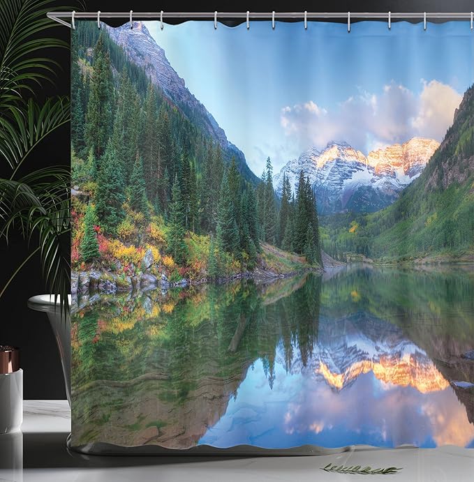 Ambesonne Landscape Shower Curtain, Symmetric Reflection of The Snowcapped Maroon Bells in Autumn Season Sunrise Panoramic Picture, Cloth Fabric Bathroom Set with Hooks, 69" W x 70" L, Yellow Green