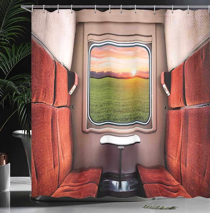 Ambesonne Nature Shower Curtain, Fresh Nature Setting from Train Compartment Window Railroad Destination Travel, Cloth Fabric Bathroom Decor Set with Hooks, 69" W x 75" L, Red Green Cream