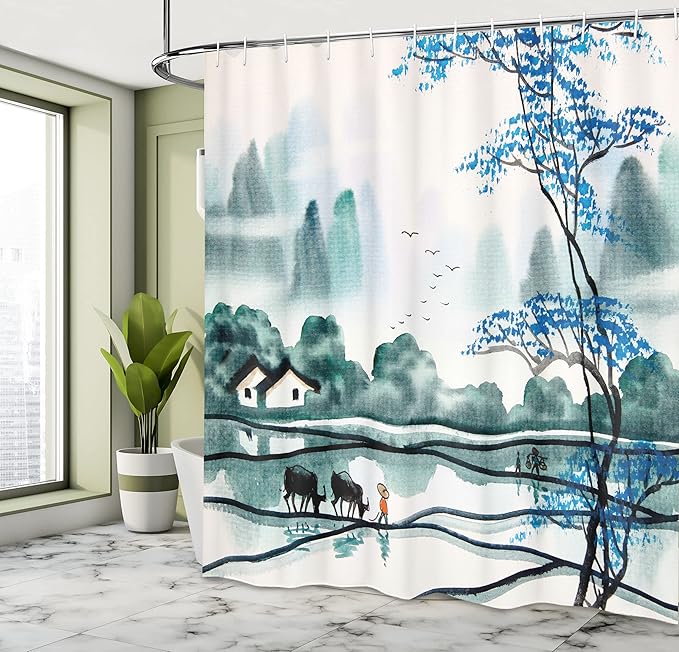 Ambesonne Nature Shower Curtain, Chinese Village with on Field with Bulls Pastoral Watercolor Art, Cloth Fabric Bathroom Decor Set with Hooks, 69" W x 70" L, Teal Violet Blue Black