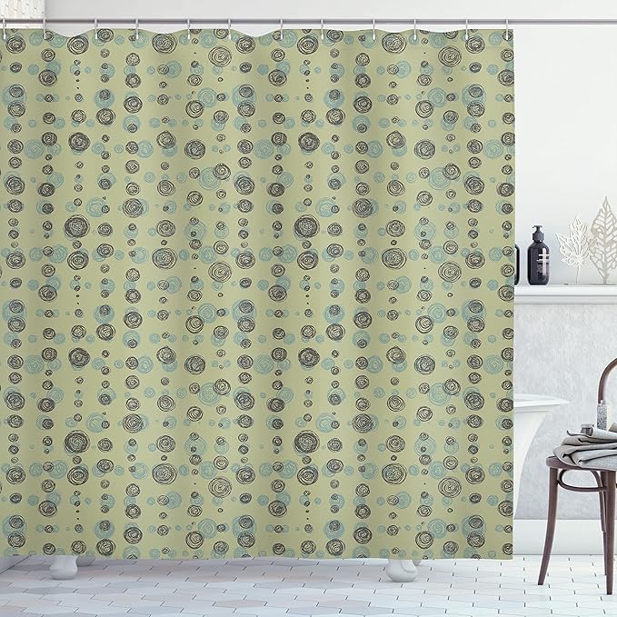 Ambesonne Abstract Shower Curtain, Hand Drawn Sketchy Round Shaped Polka Dots Art Print, Cloth Fabric Bathroom Decor Set with Hooks, 69" W x 70" L, Olive Green Pale Green