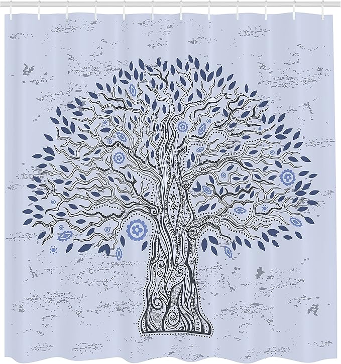 Ambesonne Tree of Life Shower Curtain, Doodle Tree Illustration Oriental Harmonious Design Mother Nature, Cloth Fabric Bathroom Decor Set with Hooks, 69" W x 70" L, Blue