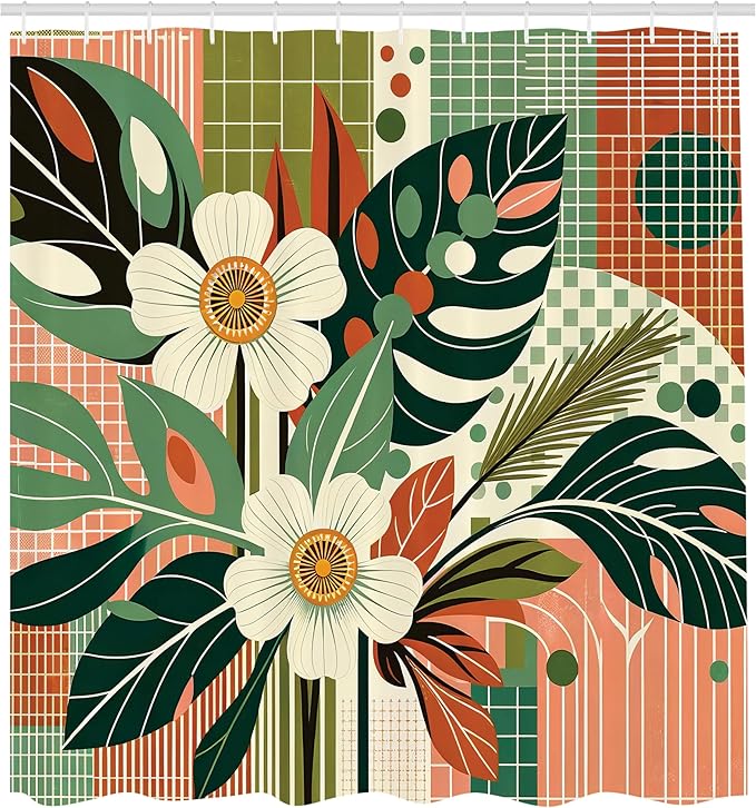 Ambesonne Mid Century Modern Shower Curtain, Abstract Monstera and Flowers with Symmetric Lines Back, Cloth Fabric Bathroom Decor Set with Hooks, 69" W x 70" L, Coral Jade Green Coconut