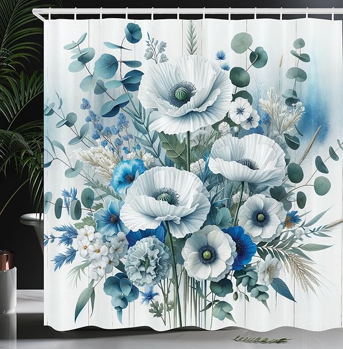 Ambesonne Blue Shower Curtain, Blooming Poppies with Dramatic Eucalyptus Leaves Botanical Style Print, Cloth Fabric Bathroom Decor Set with Hooks, 69" W x 70" L, Cadet Blue Laurel Green