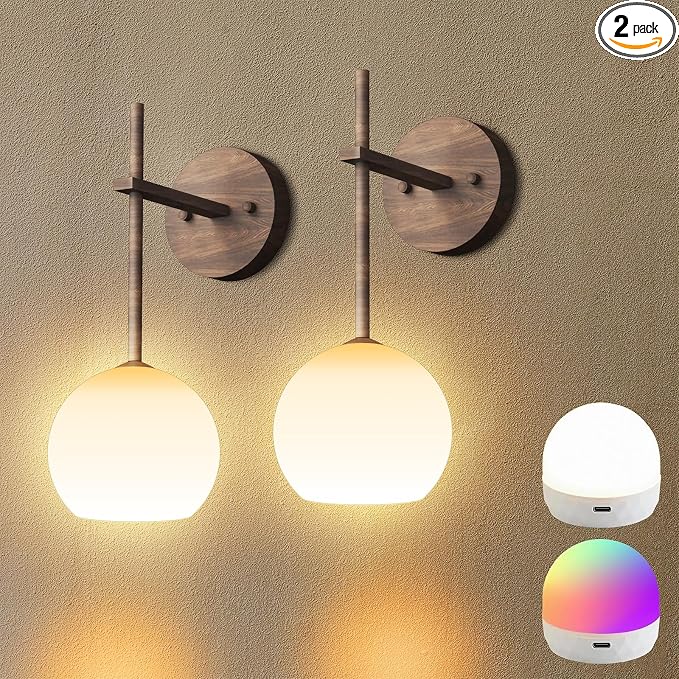 Walnut Grain Battery Operated Wall Sconces Set of 2, Rechargeable Wireless Wall Lights with Milky White Frosted Glass, 12 RGB and 3CCT Dimmable, Wall Lamps with Remote for Bedroom Living Room Hallway