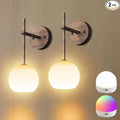 Walnut Grain Battery Operated Wall Sconces Set of 2, Rechargeable Wireless Wall Lights with Milky White Frosted Glass, 12 RGB and 3CCT Dimmable, Wall Lamps with Remote for Bedroom Living Room Hallway