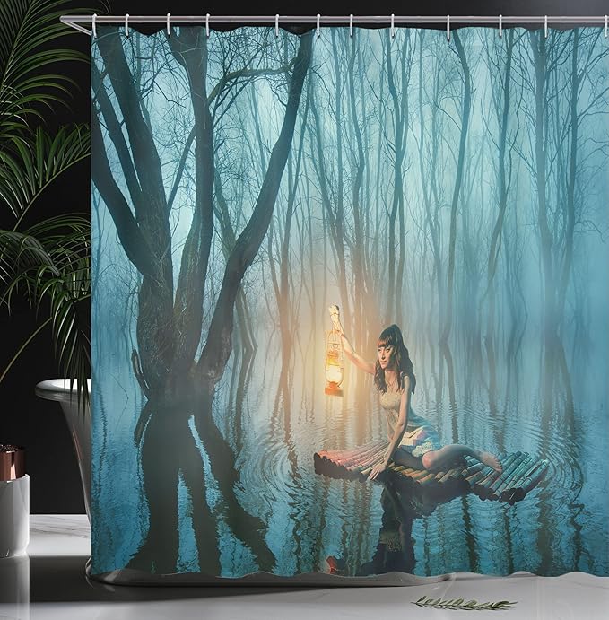 Ambesonne Gothic Shower Curtain, Woman Floating on The Lake with Tree Trunks Boat Rustic Dress in Misty Forest, Cloth Fabric Bathroom Decor Set with Hooks, 69" W x 84" L, Turquoise Peach