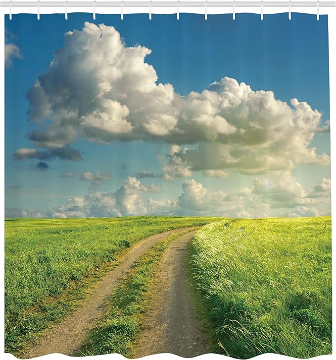Ambesonne Summer Shower Curtain, Summer Landscape Sunshines Over Grassland Road and Cloudscape Picture, Cloth Fabric Bathroom Decor Set with Hooks, 69" W X 70" L, Lime Green