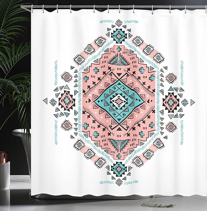 Ambesonne Tribal Shower Curtain, Mexican Symmetrical Design 4 Corner Art Pattern, Cloth Fabric Bathroom Decor Set with Hooks, 69" W x 75" L, Teal and Coral Pink
