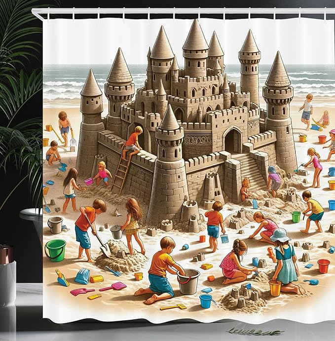 Ambesonne Sand Castle Shower Curtain, Funny Cartoon Design of Playing and Building on The Sandy Beach Shore, Cloth Fabric Bathroom Decor Set with Hooks, 69" W x 70" L, Camel Burnt Orange