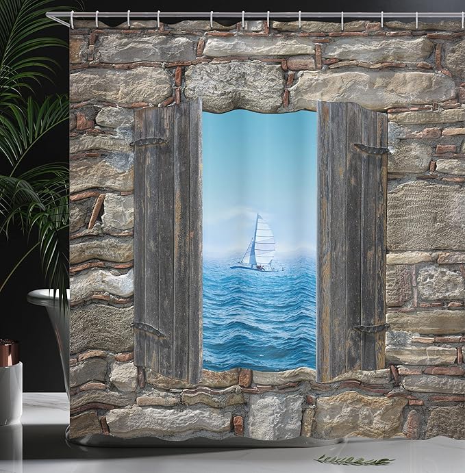 Ambesonne Nautical Shower Curtain, Image of a Sailing Boat from Stone Window Narrow Perspective Idyllic Mediterranean, Cloth Fabric Bathroom Decor Set with Hooks, 69" W x 75" L, Grey Blue
