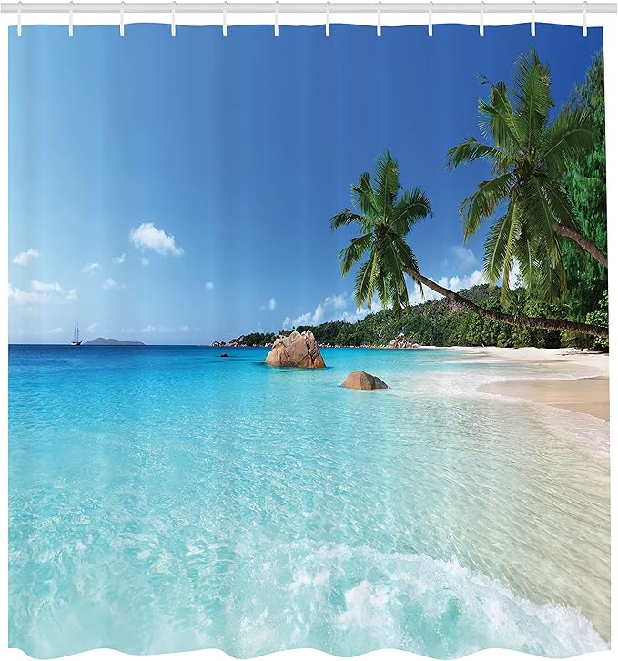 Ambesonne Ocean Shower Curtain, ANSE Lazio Beach at Praslin Island Surfing Beach Scenic View Travel, Cloth Fabric Bathroom Decor Set with Hooks, 69" W x 84" L, Blue Turquoise