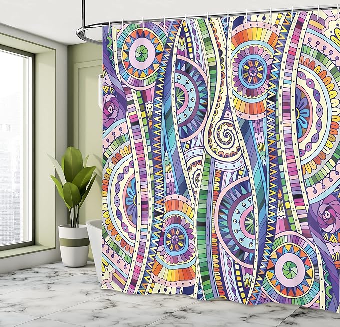 Ambesonne Floral Shower Curtain, Geometric Mosaic Style Colorful Illustration Flower Pattern Ornamental Doodle Art, Cloth Fabric Bathroom Decor Set with Hooks, 69" W x 70" L, Purple Green