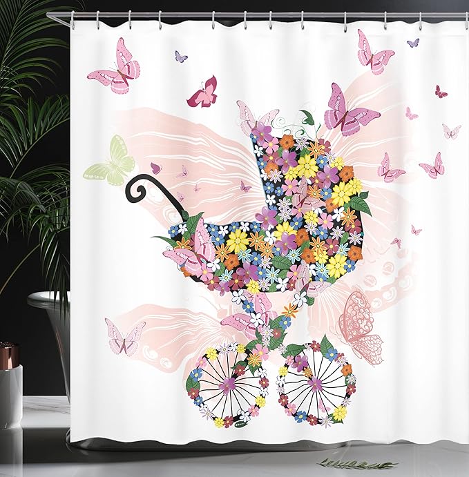 Ambesonne Butterflies Shower Curtain, Stroller of Flowers and Butterflies Carriage Cart Celebration Shower Theme, Cloth Fabric Bathroom Decor Set with Hooks, 69" W x 70" L, Multicolor