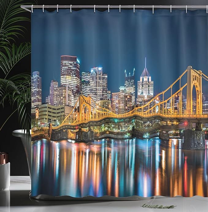 Ambesonne City Pittsburgh Shower Curtain, Rachel Carson Bridge and Reflection on River Landscape Nighttime, Cloth Fabric Bathroom Decor Set with Hooks, 69" W x 70" L, Dark Blue Amber
