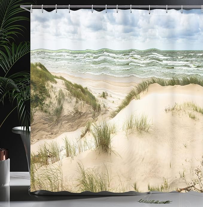 Ambesonne Beach Shower Curtain, Windy Day in The Baltic Seaside in Lithuania Huge Grand Waves Tidal Flow Surfing Spot, Cloth Fabric Bathroom Decor Set with Hooks, 69" W x 75" L, Cream Blue