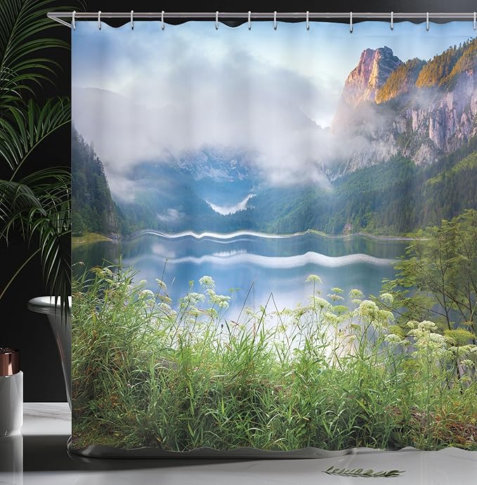 Ambesonne Nature Shower Curtain, Alps Mountain Foggy Lake in Floral Meadow Adventure Pastoral Climbing Picture, Cloth Fabric Bathroom Decor Set with Hooks, 69" W x 75" L, Forest Green