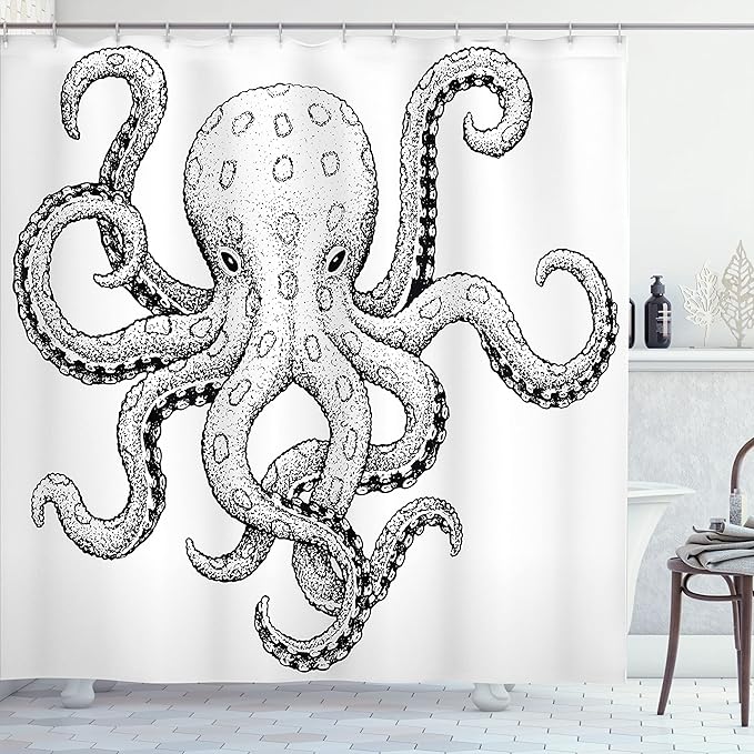 Ambesonne Octopus Shower Curtain, Sketch Style Print of Deadly Blue Ringed Octopus Camouflage Marine Animal Aquatic, Cloth Fabric Bathroom Decor Set with Hooks, 69" W x 70" L, Black Ecru