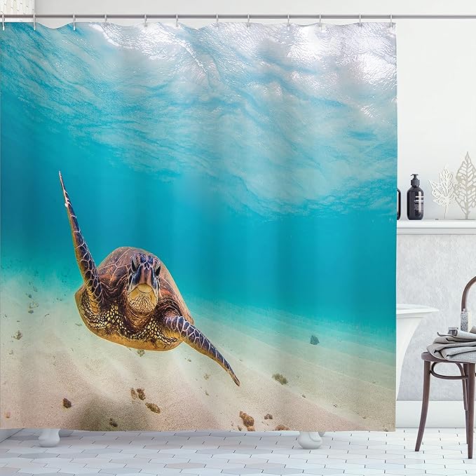 Ambesonne Hawaiian Shower Curtain, Underwater Scuba Diving Sea Turtle Nature Animal Swimming Wildlife Theme, Cloth Fabric Bathroom Decor Set with Hooks, 69" W x 75" L, Beige Brown