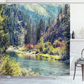 Ambesonne Landscape Shower Curtain, Scenic Mountain with Pine Trees and Flowing River Colorful Foliage Daytime Nature, Cloth Fabric Bathroom Decor Set with Hooks, 69" W x 84" L, Blue Night
