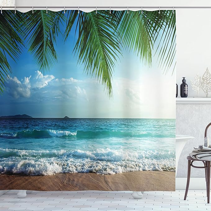 Ambesonne Ocean Shower Curtain, Palms Tropical Island Summer Beach Foamy Sea Water Maldives Idyllic Photography, Cloth Fabric Bathroom Decor Set with Hooks, 69" W x 84" L, Blue Green