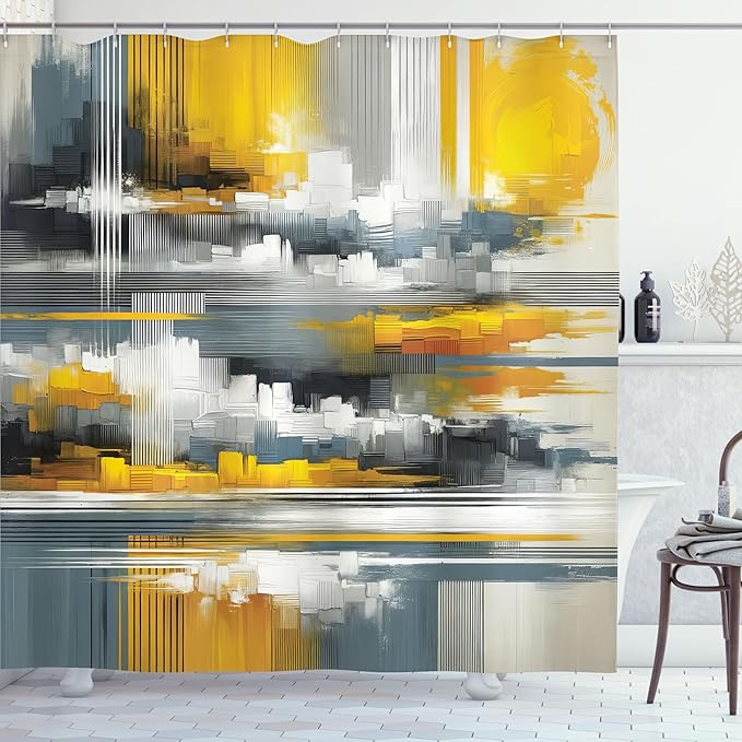 Ambesonne Striped Shower Curtain, Modern Abstract Brushstroke Paint Print Forgotten City Sunset Theme, Cloth Fabric Bathroom Decor Set with Hooks, 69" W x 75" L, Mustard Blue Grey Dimgray