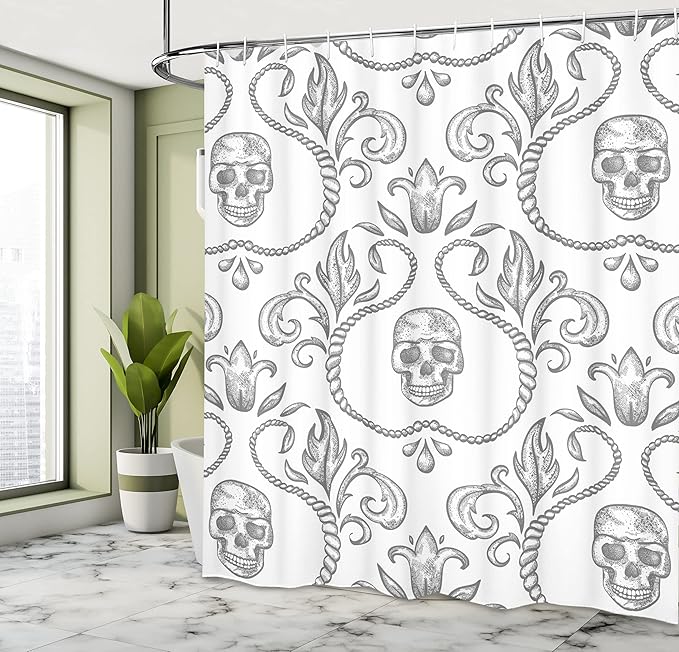 Ambesonne Gothic Shower Curtain, Ornament Skull Goth Skeleton Floral Motifs in Baroque Style Illustration, Cloth Fabric Bathroom Decor Set with Hooks, 69" W x 70" L, Pale Grey