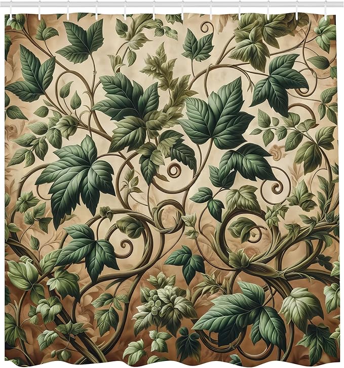 Ambesonne Leaf Print Shower Curtain, Swirling Branches Ivy Ornament with Leaves in Medieval Influences, Cloth Fabric Bathroom Decor Set with Hooks, 69" W x 75" L, Pale Brown Hunter Green