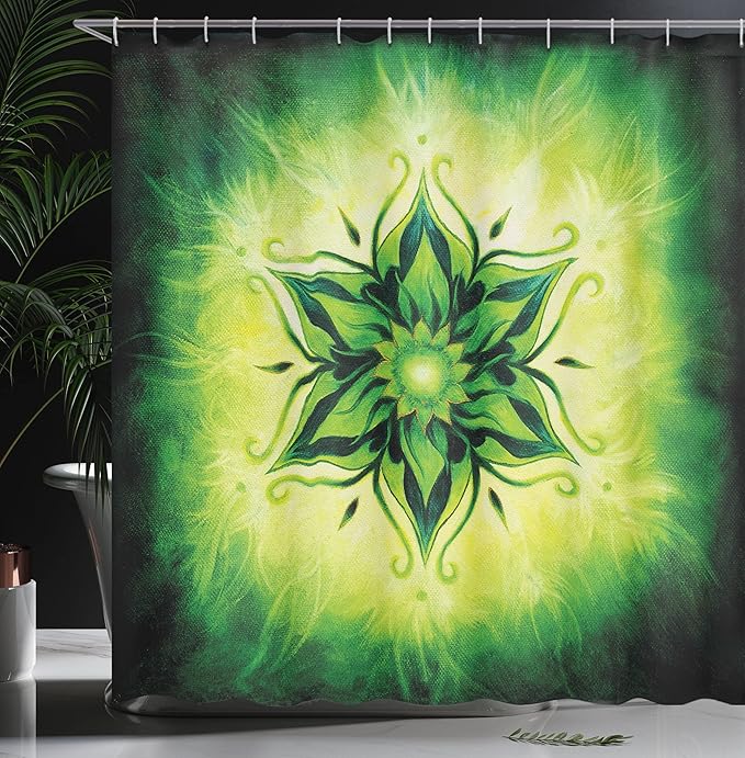 Ambesonne Lotus Shower Curtain, Psychedelic Floral Mandala Digital Image, Cloth Fabric Bathroom Decor Set with Hooks, 69" W x 70" L, Emerald Lime Green