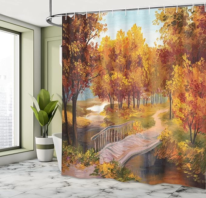 Ambesonne Rustic Shower Curtain, Autumn Forest Leaves in Park Small River Wooden Rustic Bridge Image, Cloth Fabric Bathroom Decor Set with Hooks, 69" W x 70" L, Blue Orange