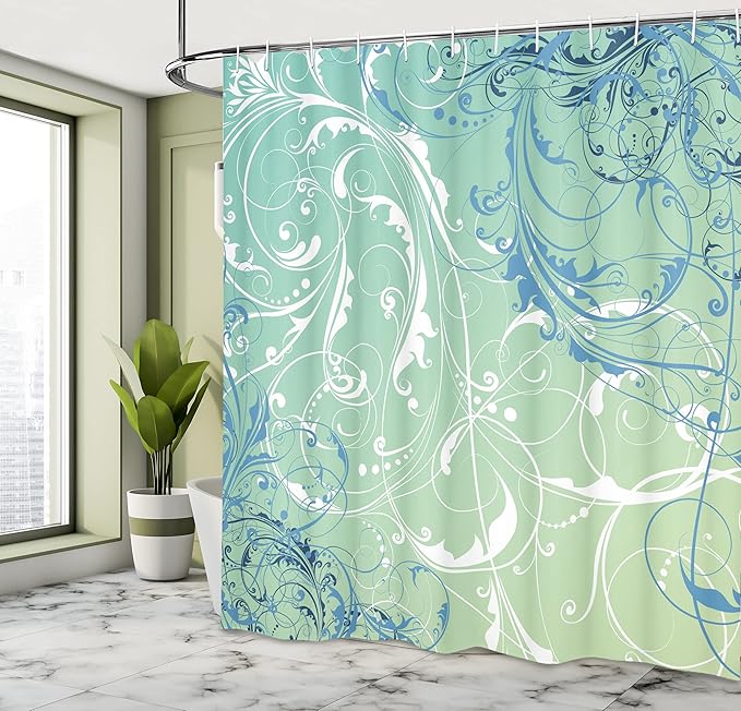 Ambesonne Floral Shower Curtain, Baroque Swirl Branches Curved Flower Leaves Shabby Form Nature Pattern, Cloth Fabric Bathroom Decor Set with Hooks, 69" W x 84" L, Fern Green