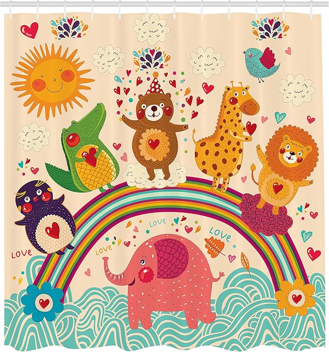 Ambesonne Cartoon Shower Curtain, Happy Animals Bear Lion Crocodile Birds on Rainbow Drawing Effect, Cloth Fabric Bathroom Decor Set with Hooks, 69" W x 84" L, Orange Green