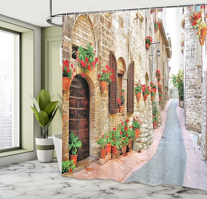 Ambesonne Tuscan Shower Curtain, Porch with Colorful Flowers at an Old Street in Town in Italy in Sunny Day, Cloth Fabric Bathroom Decor Set with Hooks, 69" W x 75" L, Vermilion Brown