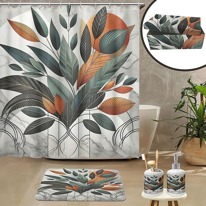 Ambesonne Boho Bathroom Decor Set 4 Pcs, Shower Curtain Bath Mat Soap Dispenser Toothbrush Holder in a Gift Box Essentials and Accessories, Mid Century Exotic Leaf, Orange Laurel Green Grey
