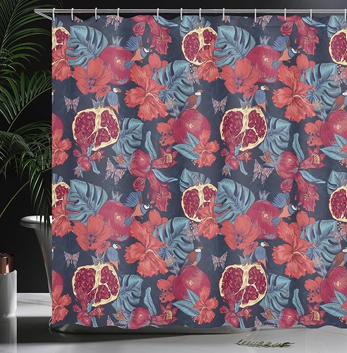 Ambesonne Hawaiian Shower Curtain, Fruit Flowers Butterfly and Birds Pomegranate Vintage Organic Jungle, Cloth Fabric Bathroom Decor Set with Hooks, 69" W x 70" L, Ruby Maroon Dark Blue