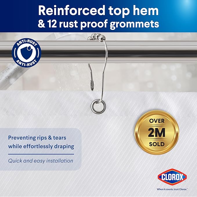 Clorox 2-in-1 Bathroom Shower Curtain Liner, Durable Fabric, Weighted Magnets for Bath Water Control, Washable Premium Quality, Extra Wide, Modern - 72" x 78" White