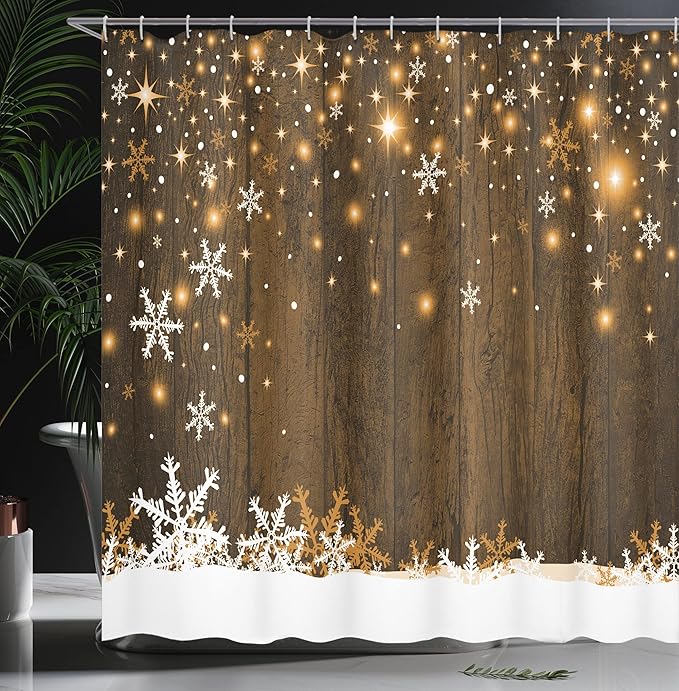 Ambesonne Christmas Shower Curtain, Rustic Wooden Backdrop with Snowflakes and Warm Traditional Celebration Print, Cloth Fabric Bathroom Decor Set with Hooks, 69" W x 75" L, Brown White