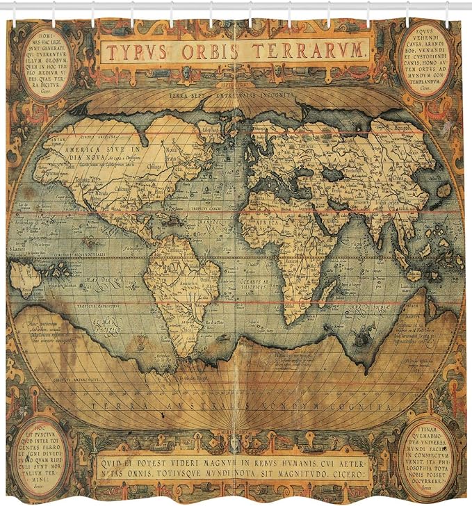 Ambesonne Map Print Shower Curtain, Vintage 16th Century Map of The World History Adventure Civilization, Cloth Fabric Bathroom Decor Set with Hooks, 69" W x 70" L, Army Green Sand Brown