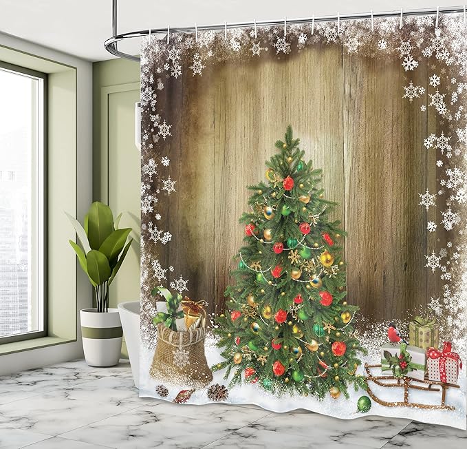Ambesonne Christmas Shower Curtain, Pine Tree with Present Boxes on Snowy Board Xmas at Countryside Theme, Cloth Fabric Bathroom Decor Set with Hooks, 69" W x 84" L, Green White Brown