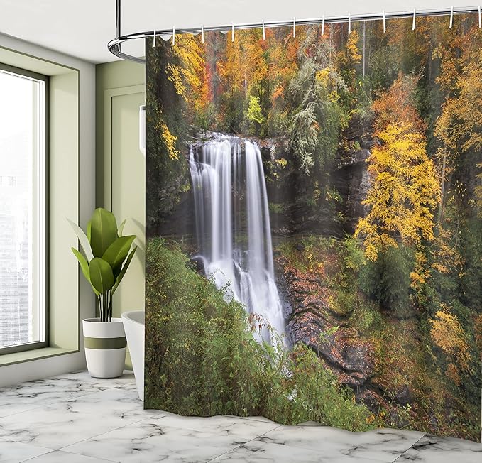 Ambesonne Waterfall Shower Curtain, Autumn Waterfalls with Trees and Pale Fall Leaves in The Forest Print, Cloth Fabric Bathroom Decor Set with Hooks, 69" W x 70" L, Green Yellow White