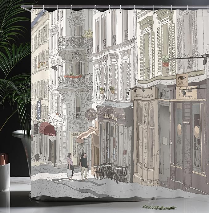 Ambesonne Paris Shower Curtain, Montmartre Paris Characteristics Honeymoon Traveling Tourists Illustration Art, Cloth Fabric Bathroom Decor Set with Hooks, 69" W x 70" L, Taupe Grey