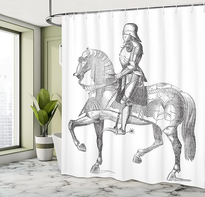 Ambesonne Medieval Shower Curtain, Retro Vintage Illustration of Middle Age Renaissance Knight on The Horse, Cloth Fabric Bathroom Decor Set with Hooks, 69" W x 75" L, White Grey
