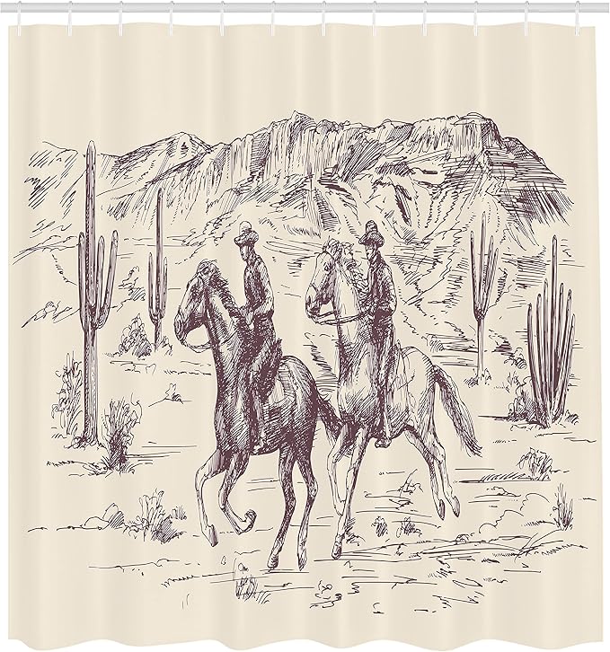 Ambesonne Western Shower Curtain, Country Theme Hand Drawn Illustration of American Wild West Desert with Cowboys, Cloth Fabric Bathroom Decor Set with Hooks, 69" W x 70" L, Plum and Cream