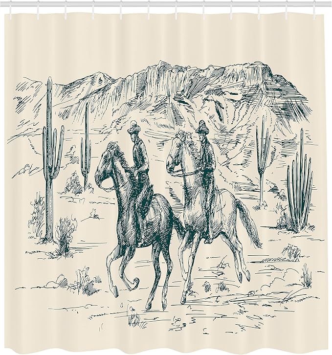 Ambesonne Western Shower Curtain, Country Theme Hand Drawn Illustration of American Wild West Desert with Cowboys, Cloth Fabric Bathroom Decor Set with Hooks, 69" W x 75" L, Cream Teal