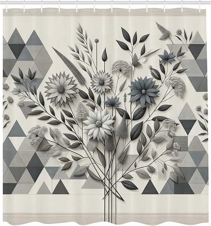 Ambesonne Grey Shower Curtain, Wild Flowery with Melancholic Boho Leaves on Geometric Triangle Pattern Back, Cloth Fabric Bathroom Decor Set with Hooks, 69" W x 84" L, Grey Teal Slate Blue