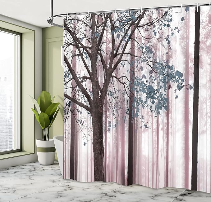 Ambesonne Autumn Shower Curtain, Picture of a Lonely Tree Leaves on an Abstract Woodland Background Print, Cloth Fabric Bathroom Decor Set with Hooks, 69" W x 75" L, Grey Pink