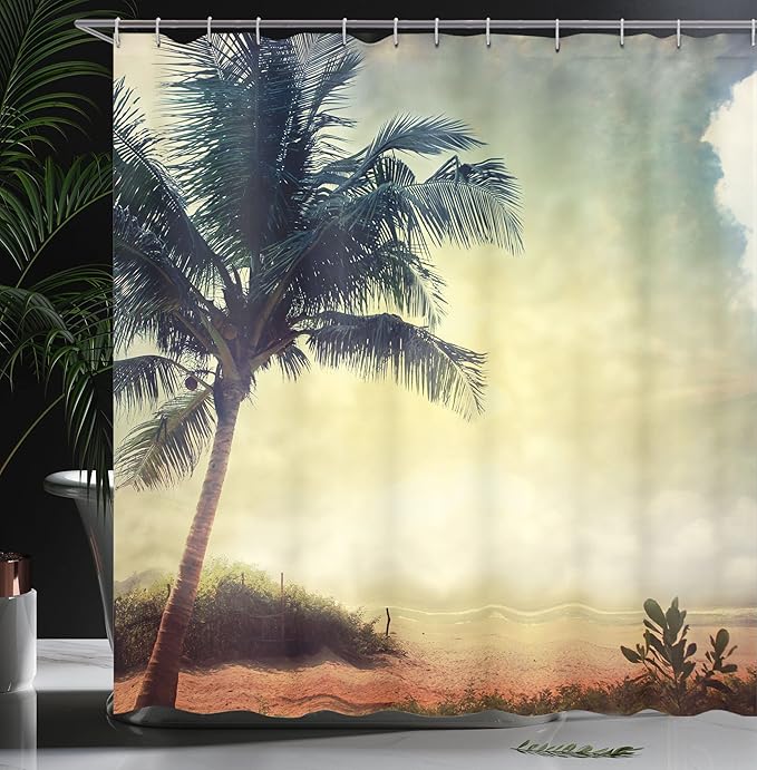 Ambesonne Hawaiian Shower Curtain, Natural Beach Sunset with Palm Silhouettes Shrubs Sea Clouds and Sand Landscape, Cloth Fabric Bathroom Decor Set with Hooks, 69" W x 84" L, Brown Teal