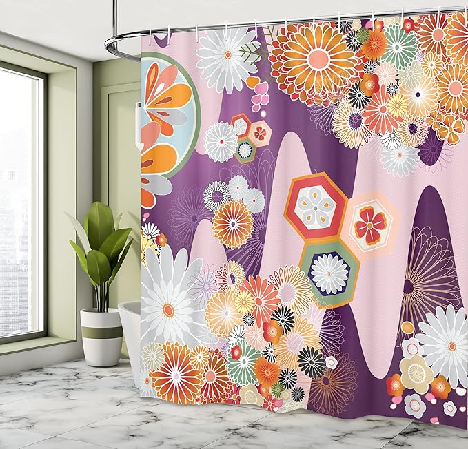 Ambesonne Japanese Shower Curtain, Bohemian Textured Round Shaped Colored Flower Forms in Different Sizes, Cloth Fabric Bathroom Decor Set with Hooks, 69" W x 84" L, Reseda Green