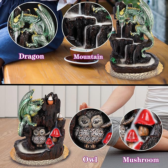 Dragon Backflow 2 Sided Mountain Waterfall Incense Burner,Fountain Smoke Incense Holder with Backflow Incense Cones, Tweezers, Mat，Resin Aromatherapy Meditation (Green)