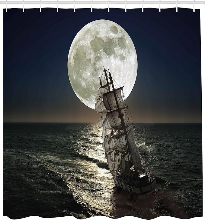 Ambesonne Landscape Shower Curtain, Midnight Moon Stars Fullmoon Eclipse at Night with Pirate Ship Sailing in Ocean, Cloth Fabric Bathroom Decor Set with Hooks, 69" W x 70" L, Multicolor